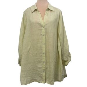 Sigrid Olsen Linen Button Down Shirt 2X Yellow Coastal Grandma Lagenlook Casual